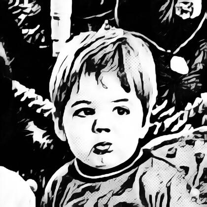 Vaguely halftone black-and-white portrait photo of an infant with eyes glancing off toward the right and mouth pursed as if in consternation.